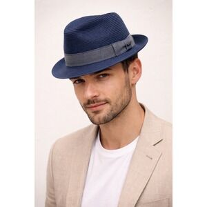 Biltmore 1917 Fedora Hat Mens XL Navy Blue Excellent Toyo Straw Summer Trilby